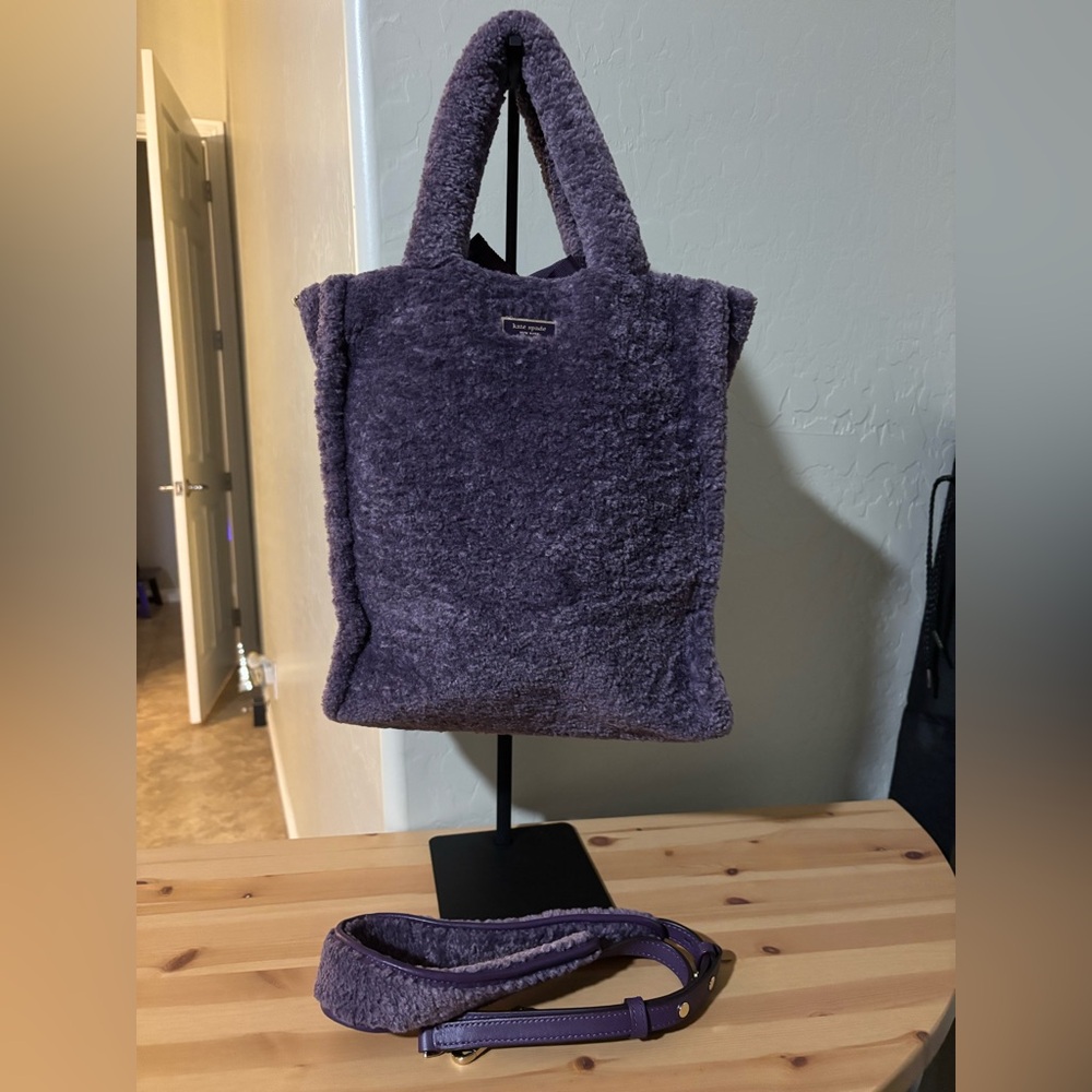 Kate Spade Purple Shearling Sam Fluffy North South Tote Bag